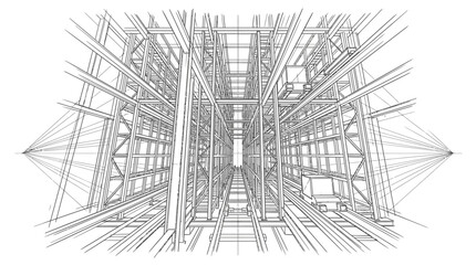 Fototapeta premium Industrial warehouse interior with empty high-rise racks and automated storage system in a perspective line art illustration.