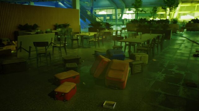 deserted cafeteria floor scattered chairs and plastic crates bathed in greenish fluorescent light, puddles reflecting empty rows, overturned stools and stacked