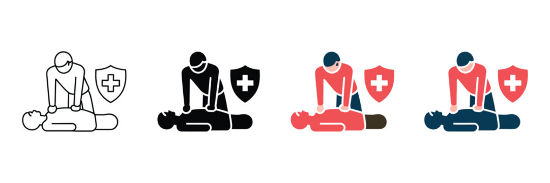 CPR emergency first aid vector icons featuring cardiopulmonary resuscitation procedures, medical rescue symbols, lifesaving actions, healthcare, and emergency response
