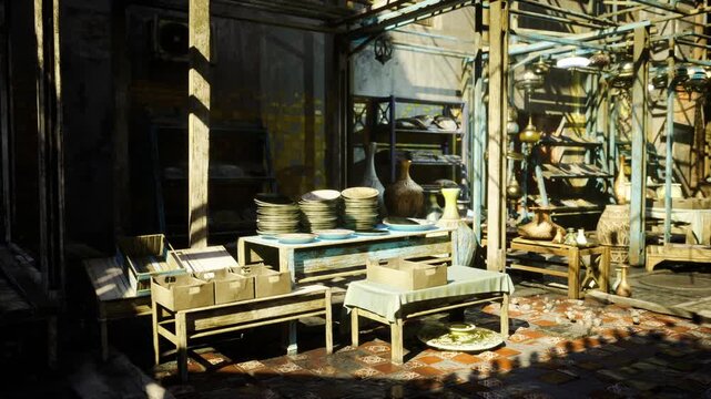 sunlit street pottery stall displaying neat stacks of plates and bowls on wooden benches, fallen leaves, warm sunlight casting long shadows, urban outdoor