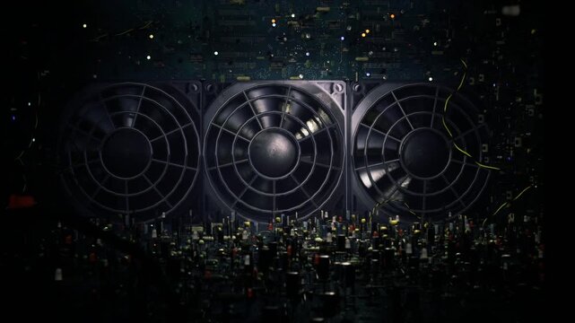 glowing fan grid above simulated city, holographic towers and pixelated streets shimmer under pulsing data streams, algorithmic reflections and network nodes