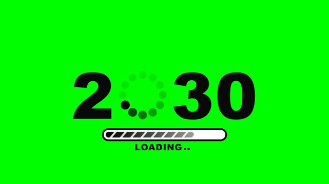 Flat vector 2030 loading screen like the reference on solid chroma green background with no shadows: huge black bold digits 2 3 0 where the first zero is replaced by a circular spinner of twelve dots