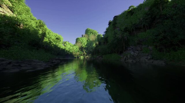 Lush river canyon at sunrise light, calm reflective water framed by dense tropical canopy, mossy limestone banks, soft morning mist, ambient bird calls implied,