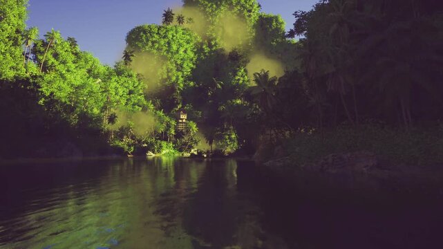 remote river research site lit by dusk, clear reflections and rich vegetation, scene evokes conservation fieldwork and environmental monitoring storytelling
