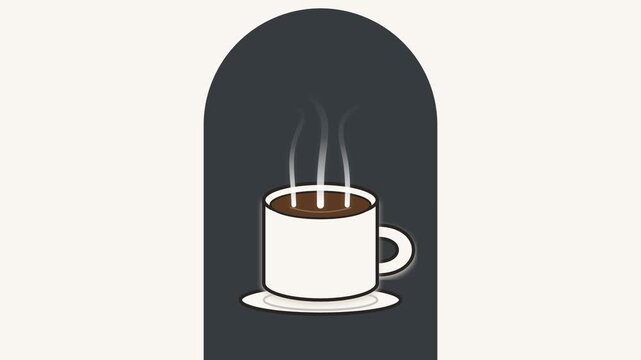 Minimalist winter warmth motion of a steaming coffee cup with line art on a dark arch background