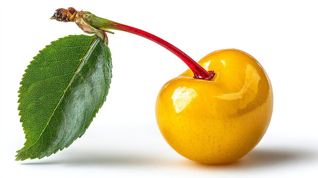 Sweet yellow cherry with green leaf attached on white background ripe fruit summer fruit.