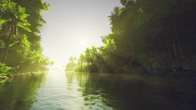 serene sunrise channel opening to light, calm water mirrors foliage and distant glow, versatile scene for sustainable tourism, mindful lifestyle content,