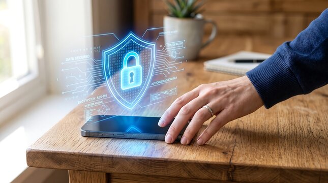 Digital Security Shield Hologram Emerging from a Smartphone Screen on a Wooden Table Surface
