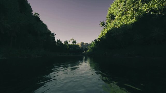 river corridor used for conservation research, quiet currents and reflective surface highlight vegetation boundaries, dense tropical foliage and biodiversity