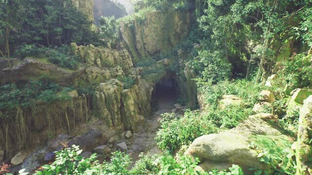 Sunlit mossy cave entrance in gorge surrounded by ferns and boulders, warm dappled light on textured limestone walls, shallow opening leading into shadowed