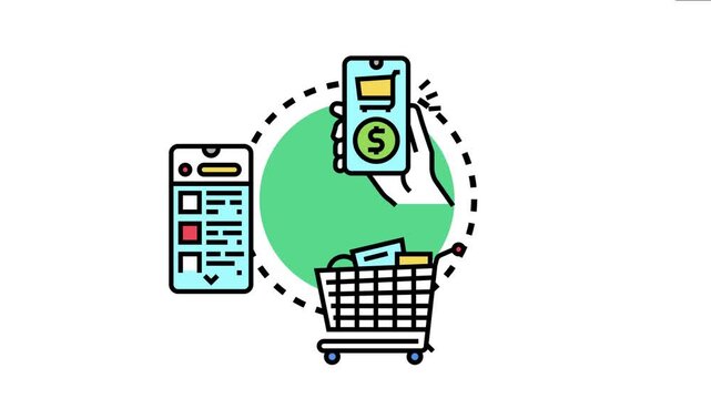 Hand holding a mobile phone with a dollar sign representing digital payment methods and virtual retail transactions, connecting with an online shopping cart full of products