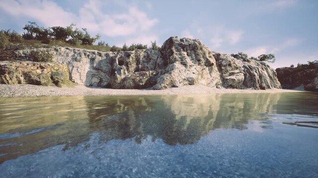 Crystal shallow tidal pool at Los Gigantes revealing pebbled seabed and subtle underwater reflections, lowtide perspective, suitable for eco travel and product