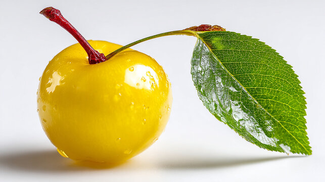 Ripe yellow cherry fruit with stem and green leaf on white background.