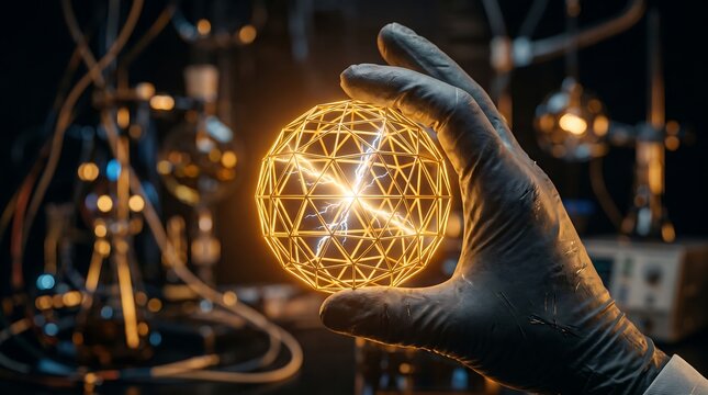 Gloved hand holding a glowing golden fusion energy sphere in a science lab