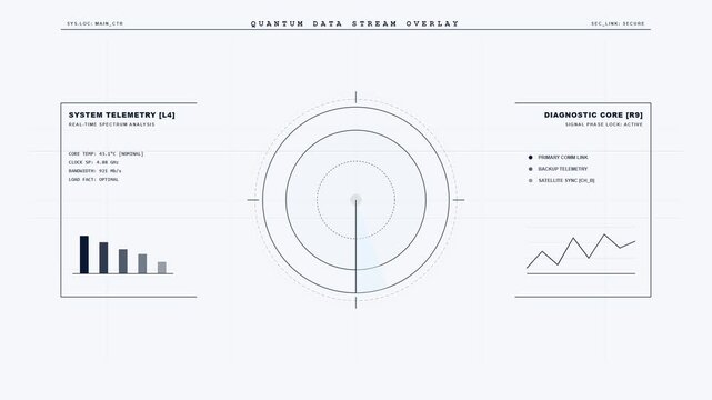 Futuristic white minimalist user interface display with quantum data stream telemetry and digital diagnostic charts and radar scanner