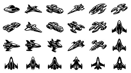 Fototapeta premium Spaceship icon collection showcases various extraterrestrial and futuristic vehicle designs, providing a versatile set for science fiction themes.