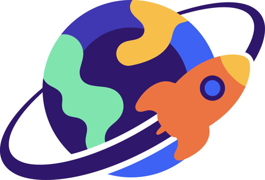 A colorful flat illustration of a space roket orbiting around the planet earth in deep outer space