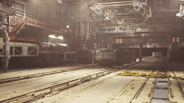Expansive loading lanes with marked channels and empty pallets, yellow safety rails, signage and calm atmosphere before active transport operations.