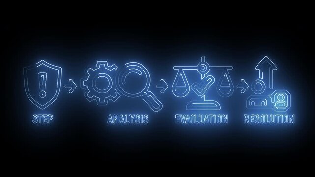 Glowing neon blue icons featuring gears research magnifying glass scale balance representing analysis and evaluation process