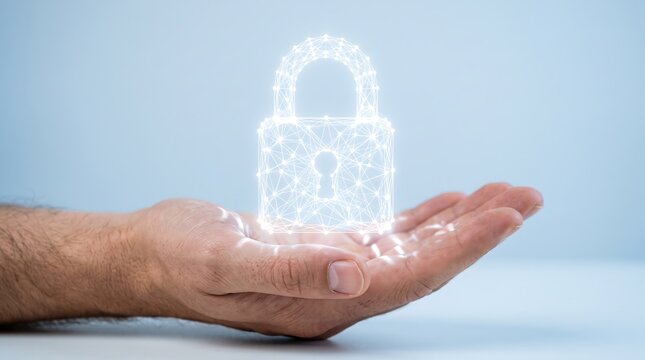 Protecting digital data with a glowing padlock icon held in a human hand