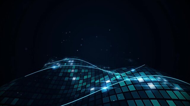 Glowing blue digital wave grid with shimmering neon lines and floating particles in motion graphics