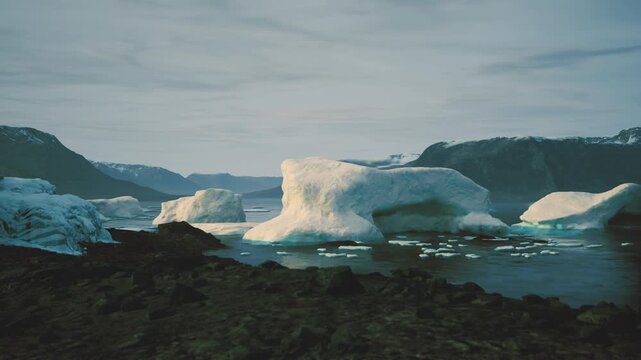 Antarctica sculpted ice arch above water, dramatic contrast with dark shoreline, textured glacier forms, low light adding cinematic tension, scene suggests
