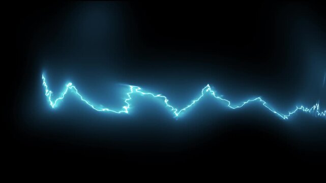 Realistic 4K electric lightning bolt strike with blue thunder glow, high voltage energy discharge, glowing power flash, storm lightning effect, plasma sparks cartoon explosion overlay on black screen
