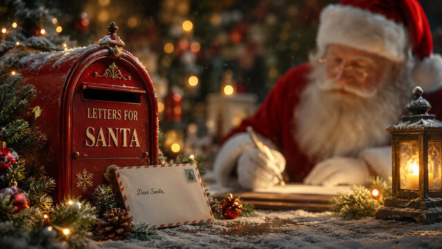 Santa Claus writing response letters near a mailbox decorated for Christmas holidays.