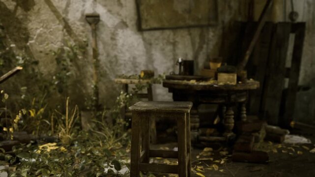 Low light scene of cluttered workbench and tools, creeping plants reclaiming corners, scattered sawdust and old jars, moody amber highlights and deep shadows
