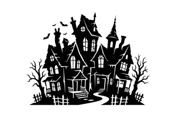 Fototapeta premium Spooky Halloween haunted house silhouette with creepy trees, bats, and broken fences isolated on white background.
