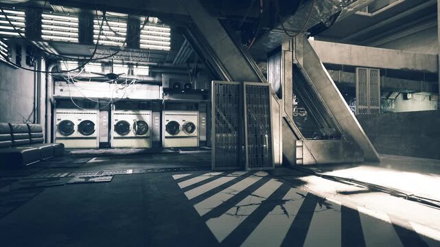 Sunlit escalator beside washers with bold striped shadows across concrete floor, morning haze, cinematic composition, quiet industrial calm, high dynamic