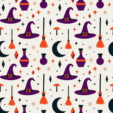 Magical Halloween pattern featuring witch hats, potions, moons, crystals and stars.