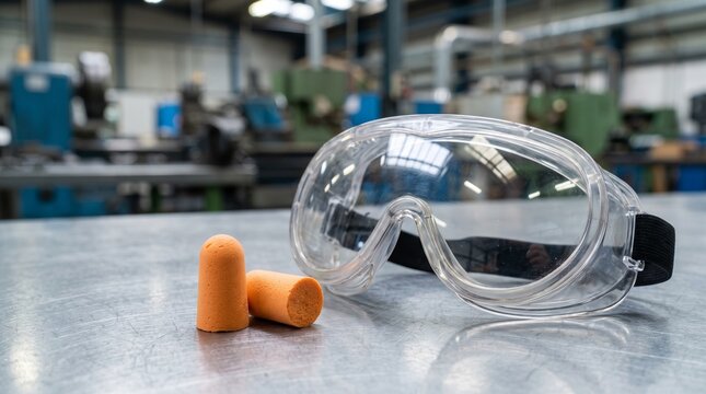 Transparent safety goggles and orange foam earplugs resting on metal workbench conveying personal protective equipment PPE standards