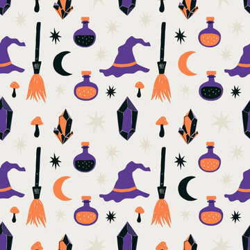 Magical Halloween pattern featuring witch hats, potions, moons, crystals and stars.