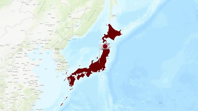 Japan map with waving national flag animation over regional geography