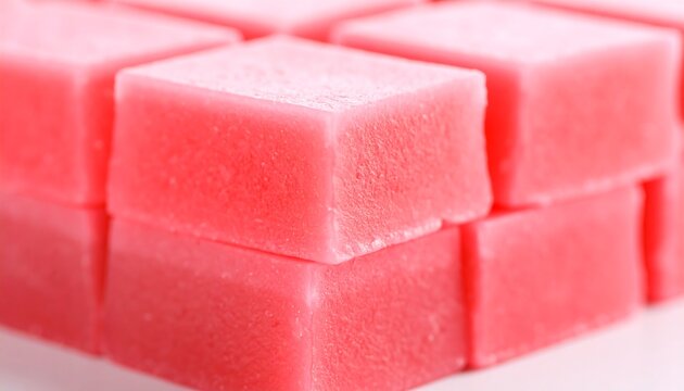 Pink candy cubes stacked closeup ready to eat