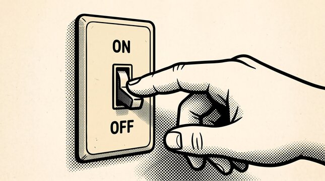 Stylized hand flips a classic wall switch from 'ON' to 'OFF', symbolizing change or ending