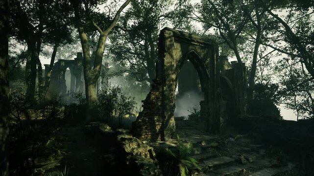 Twilight stone arch guarding mossy path, cool blue shadows blending with warm rim light, winding trail disappearing into trees, contemplative cinematic mood