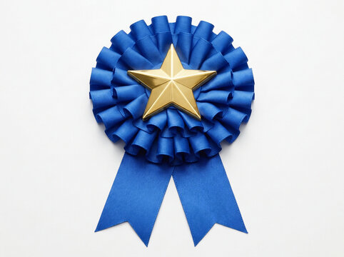 Blue rosette ribbon with gold star award achievement recognition