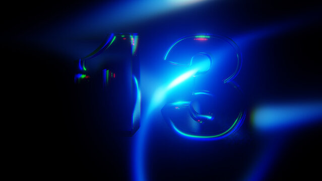 Electric blue glowing glass numeral 13 on dark surface