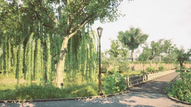 Sunlit park path under weeping willow offering peaceful leisure scene with bench, dappled shadows, manicured greenery and gentle pedestrian lane