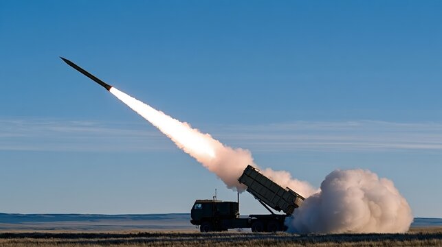Military rocket launcher system firing a missile with a bright flame and smoke plume, demonstrating defense technology and warfare capabilities against a clear blue sky