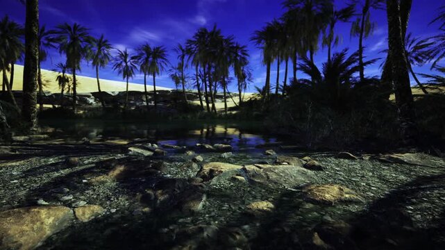 Dark oasis mirror reflections under cobalt sky with rocky foreground and distant palms, cinematic mood with cool color palette and still water