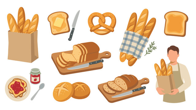 Set of bakery products including fresh bread baguettes and toasts.