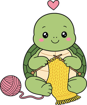 Cute turtle knitting a yellow scarf with pink yarn and a heart above its shell.