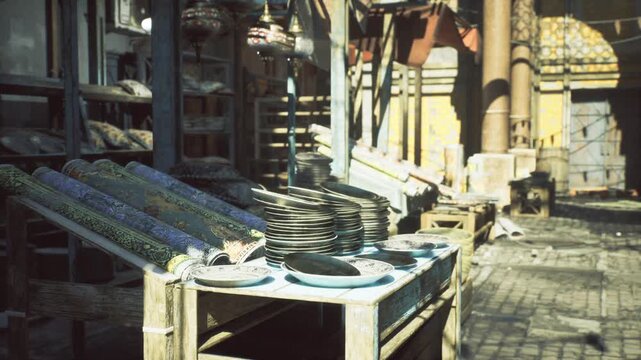 Morocco ceramics stack closeup showing glaze and texture, circular plates layered on rustic table, subtle scratches and sunlit highlights emphasize