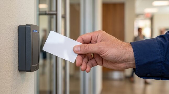 Person's hand presenting a secure access card to a digital reader for entry, illustrating modern building security and restricted access in a professional environment