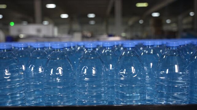 Rows of Bottled Water in Plastic Bottles at Factory