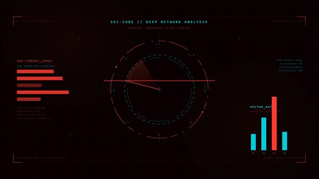Cybersecurity HUD data visualization digital interface monitoring network security threat level analysis deep network scanning motion graphics video footage
