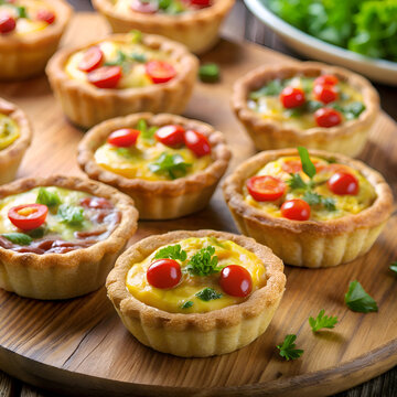 Mini quiche tarts with assorted fillings. displayed on a wooden board. Colorful. bite-sized. savory pastries are arranged on a rustic surface.